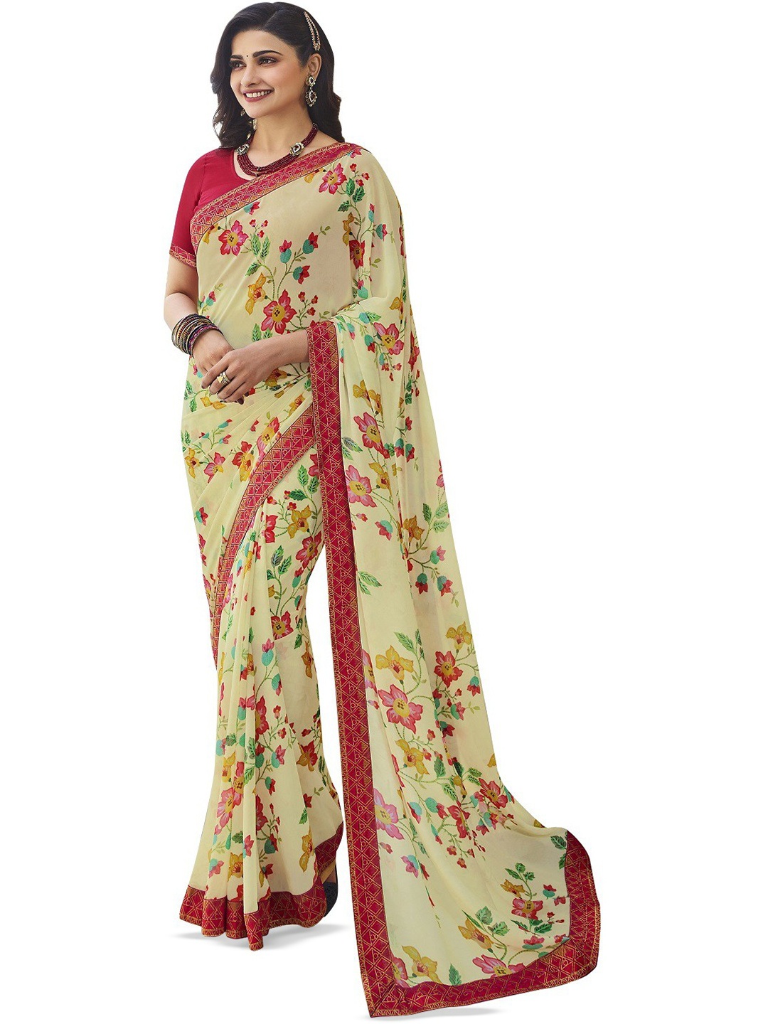 

ROOP SUNDARI SAREES Floral Printed Pure Georgette Saree, Beige