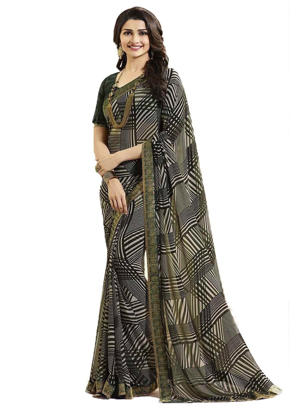

ROOP SUNDARI SAREES Geometric Printed Pure Georgette Saree, Green