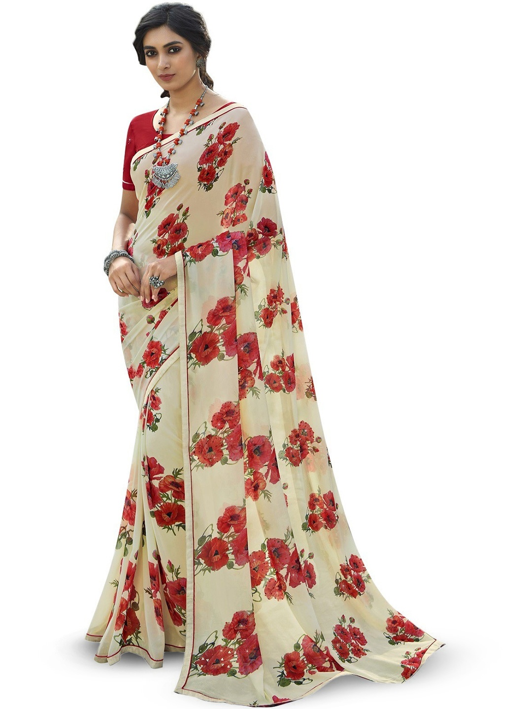 

ROOP SUNDARI SAREES Floral Printed Pure Georgette Saree, Cream