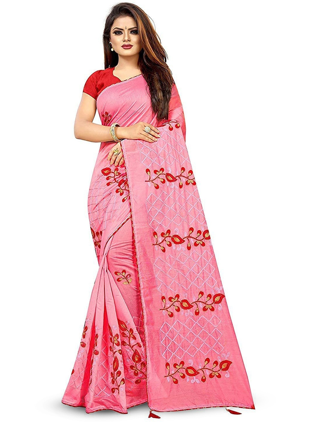 

ROOP SUNDARI SAREES Floral Embroidered Saree, Pink