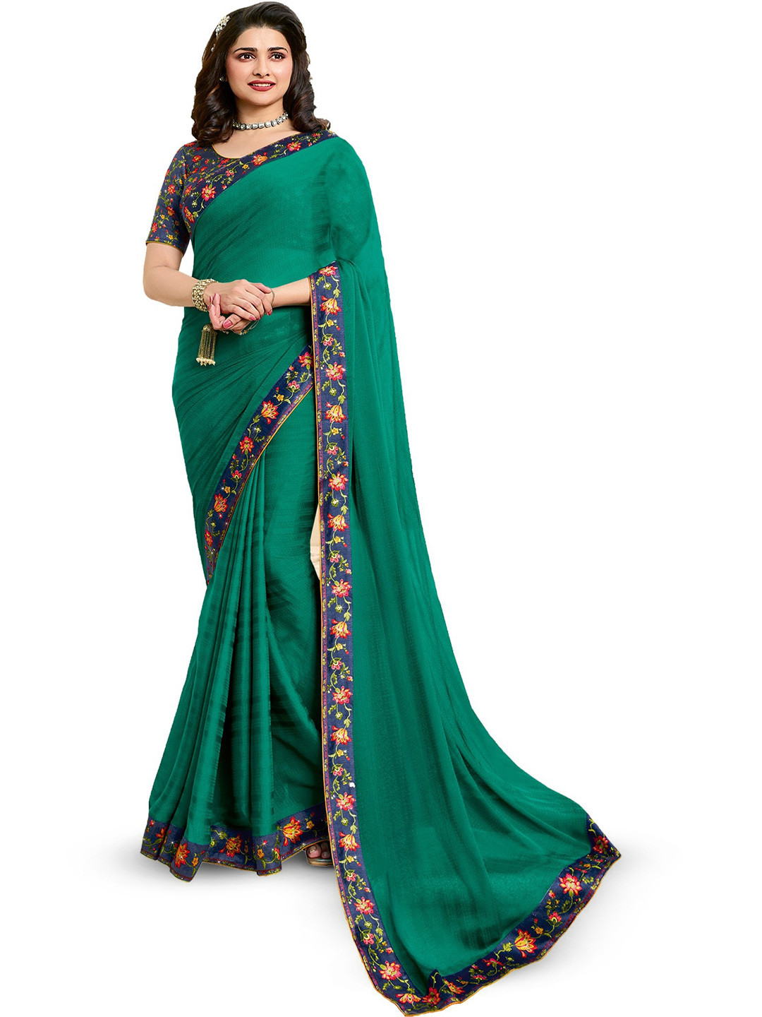 

ROOP SUNDARI SAREES Floral Printed Pure Silk Saree, Green