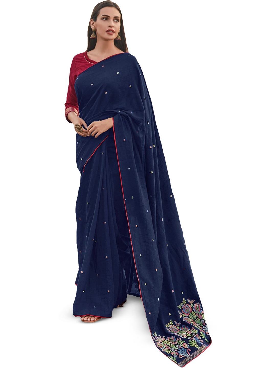 

ROOP SUNDARI SAREES Floral Printed Silk Cotton Saree, Blue