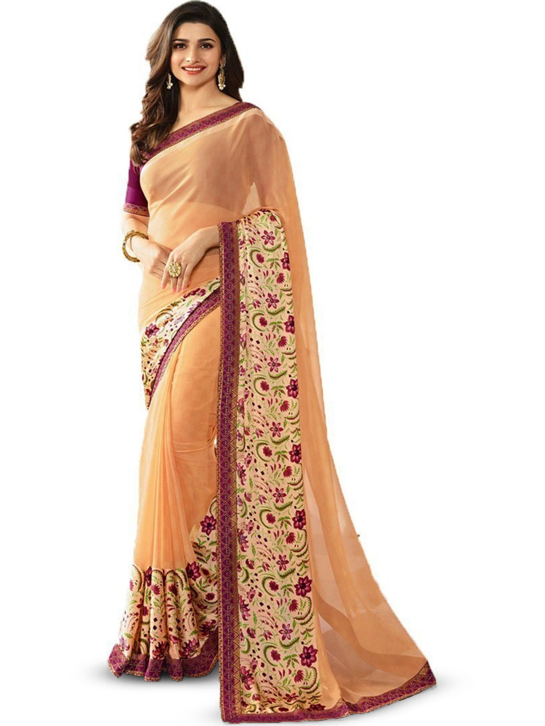

ROOP SUNDARI SAREES Floral Printed Pure Georgette Saree, Beige