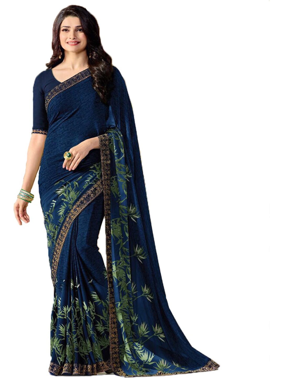 

ROOP SUNDARI SAREES Floral Printed Pure Georgette Saree, Blue