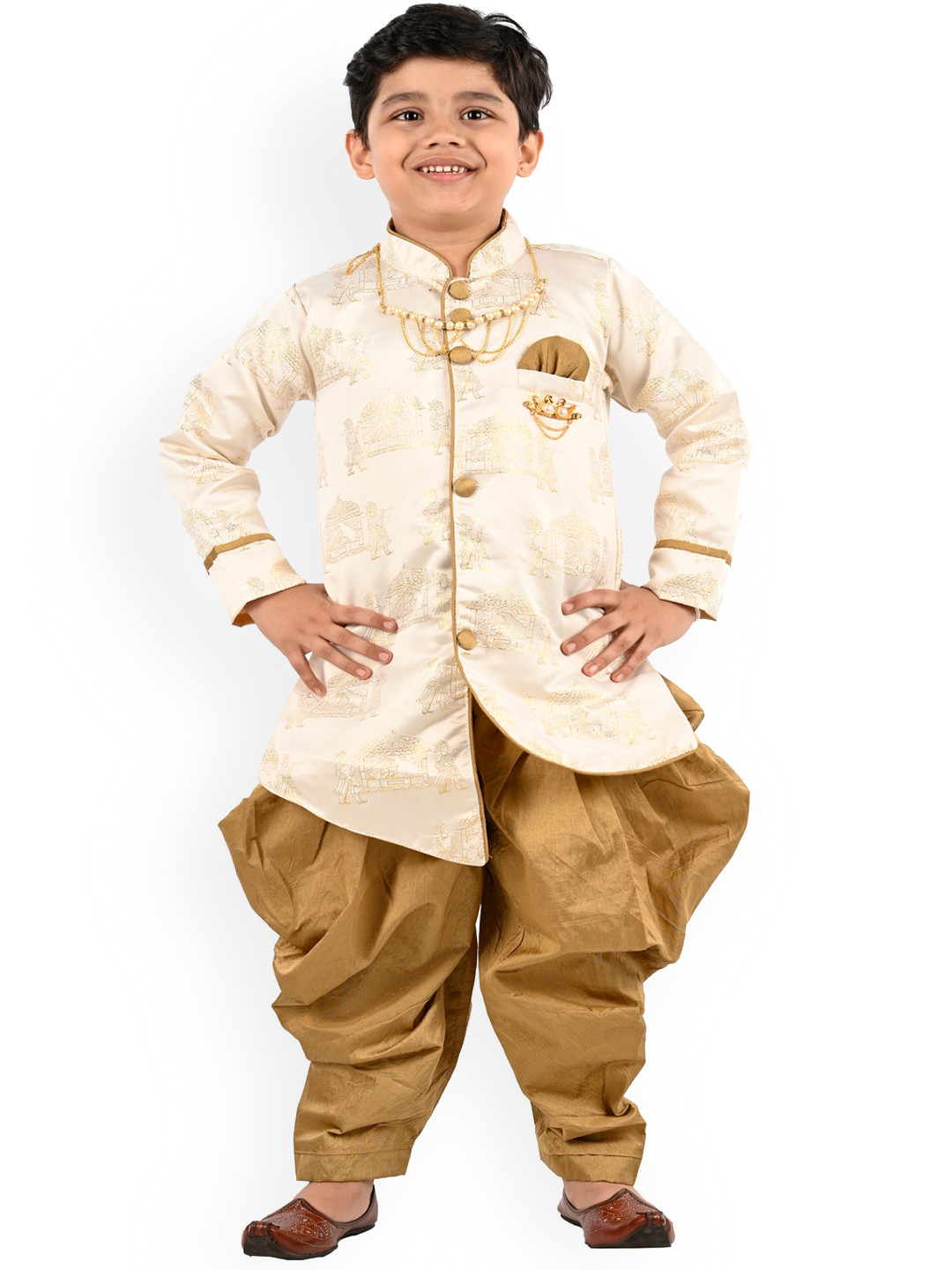 

BAESD Boys Ethnic Motifs Printed Mandarin Collar Art Silk A-Line Kurta With Dhoti Pant, Gold