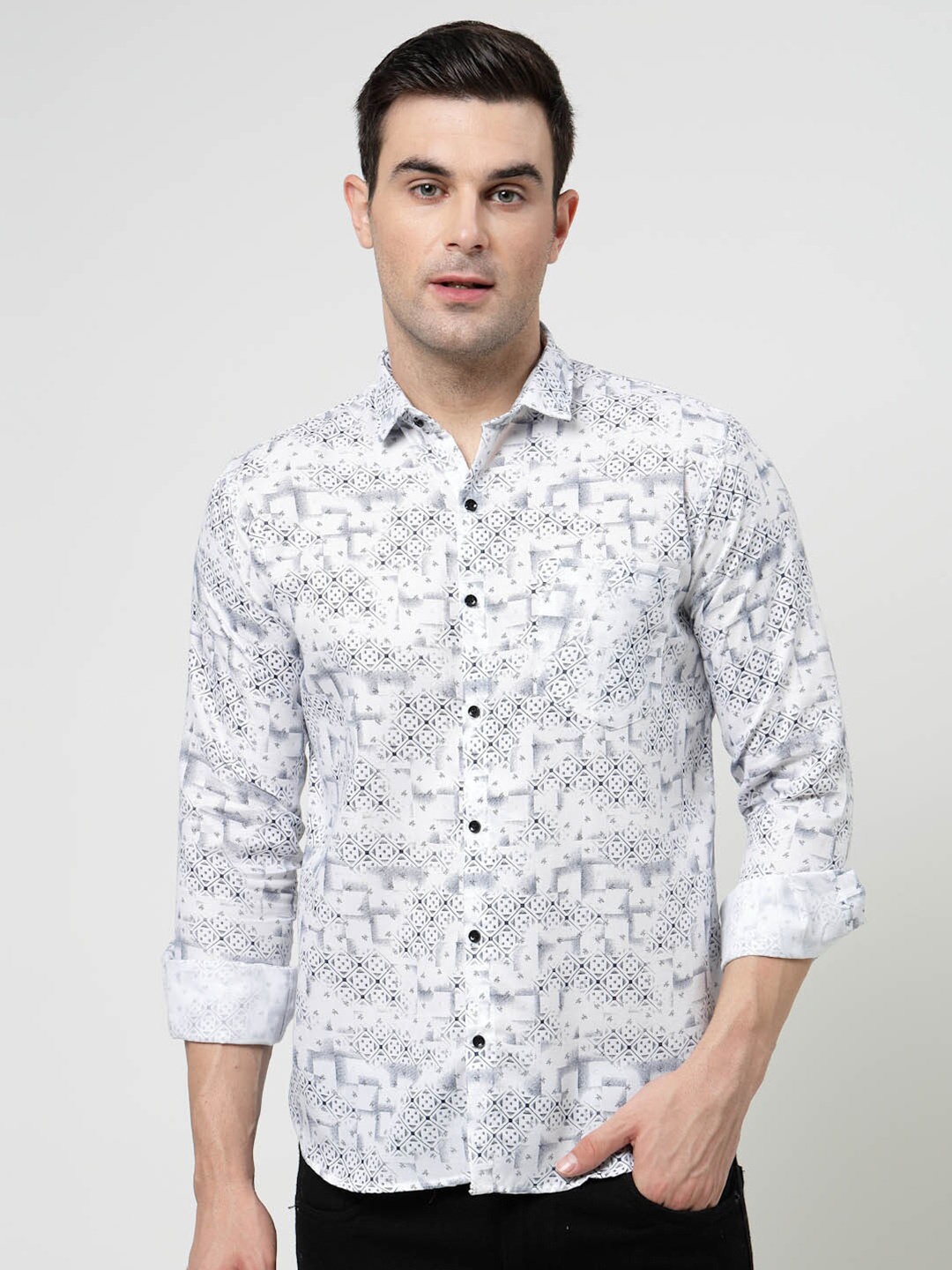 

ADWYN PETER Floral Printed Spread Collar Chest Pocket Long Sleeves Casual Shirt, White