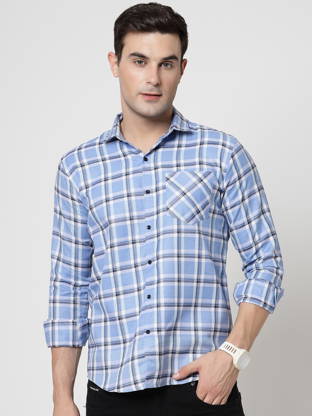 

ADWYN PETER Tartan Checks Spread Collar Chest Pocket Long Sleeves Casual Shirt, Blue