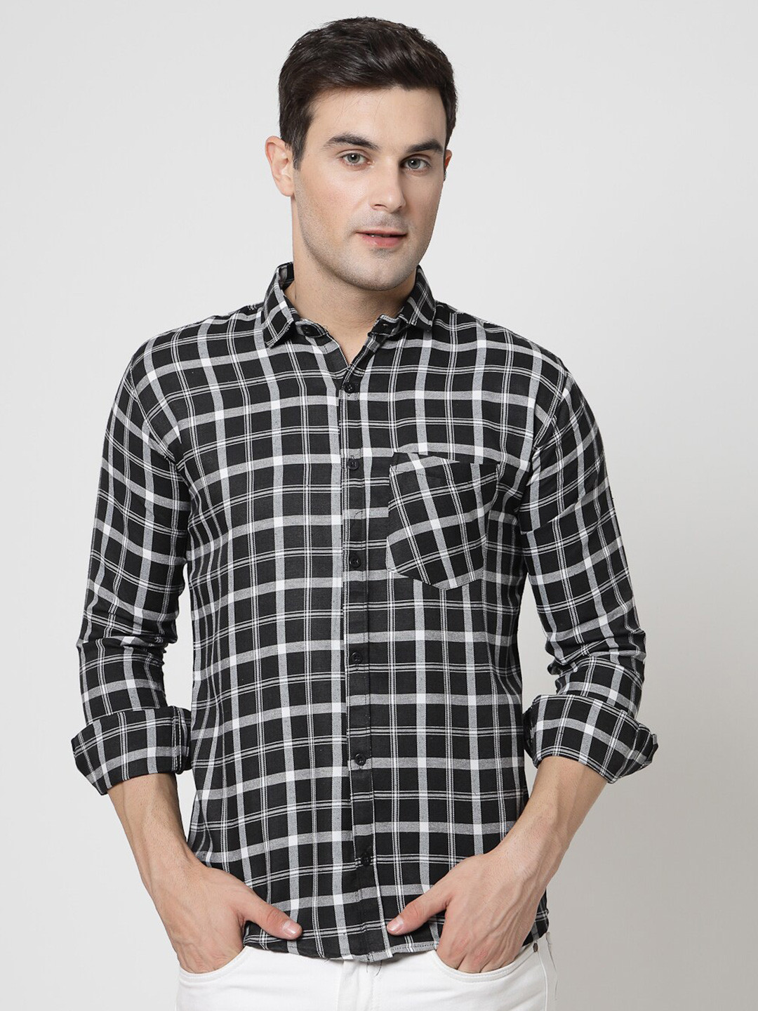 

ADWYN PETER Tartan Checks Spread Collar Chest Pocket Long Sleeves Casual Shirt, Black
