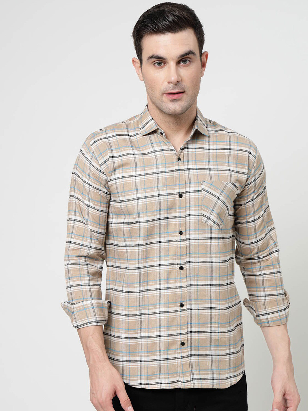 

ADWYN PETER Tartan Checks Spread Collar Chest Pocket Long Sleeves Casual Shirt, Cream