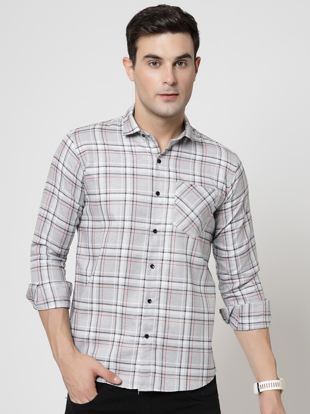 

ADWYN PETER Tartan Checks Spread Collar Casual Shirt, Grey