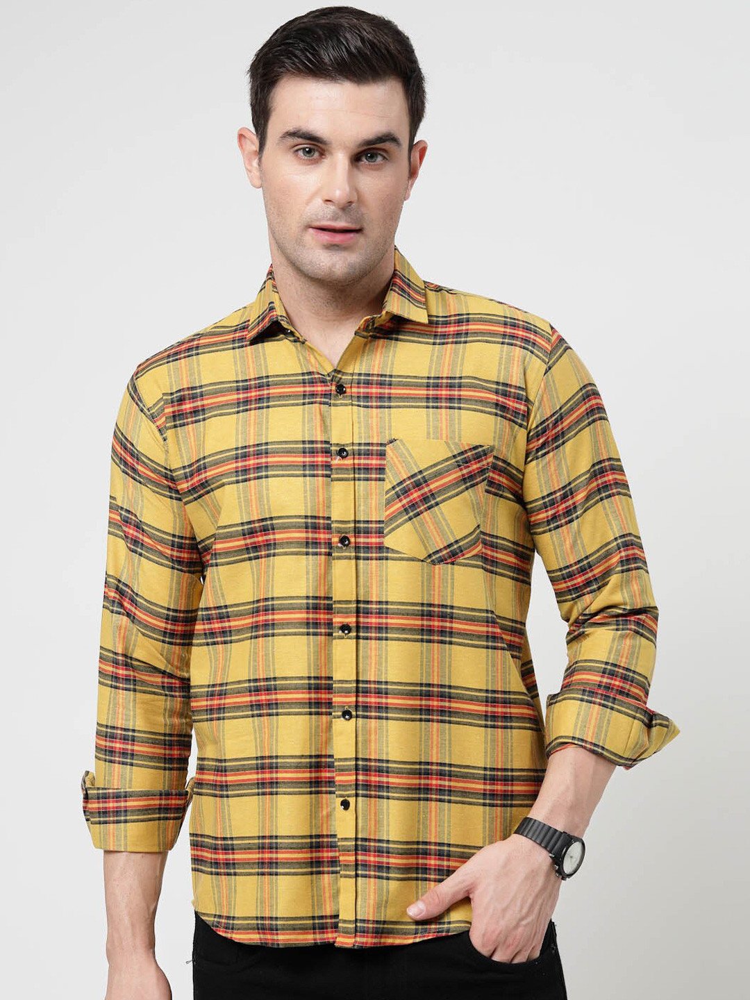 

ADWYN PETER Tartan Checks Spread Collar Chest Pocket Long Sleeves Casual Shirt, Yellow