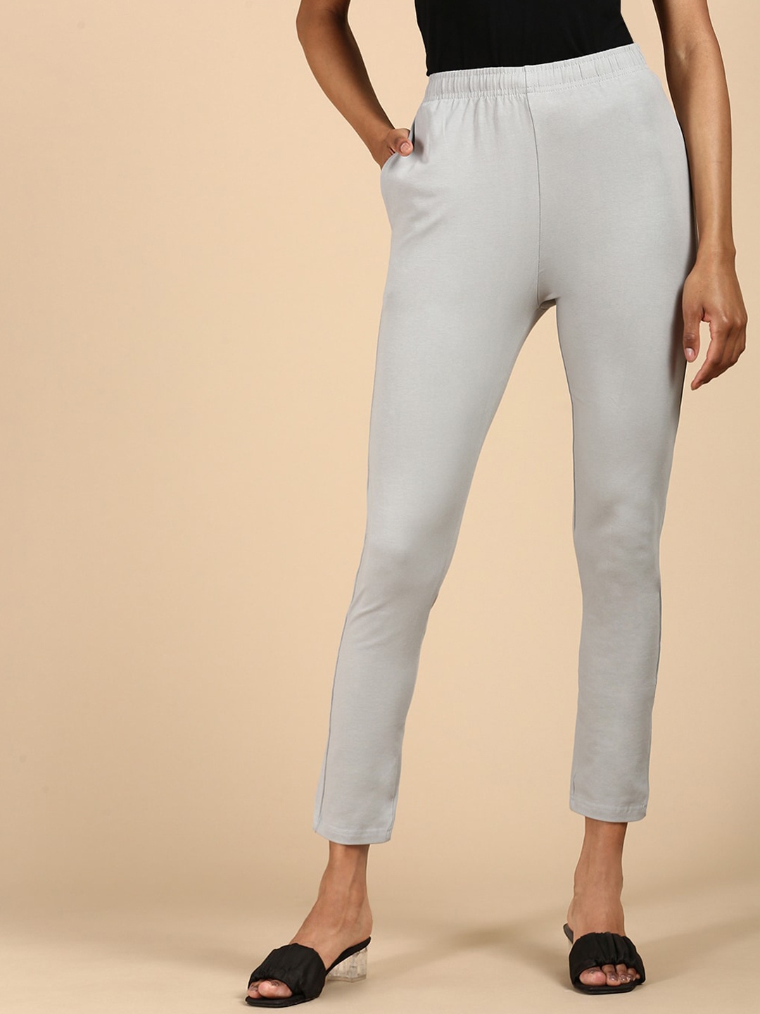 

De Moza Women Pencil Slim Fit Cotton Trousers, Grey
