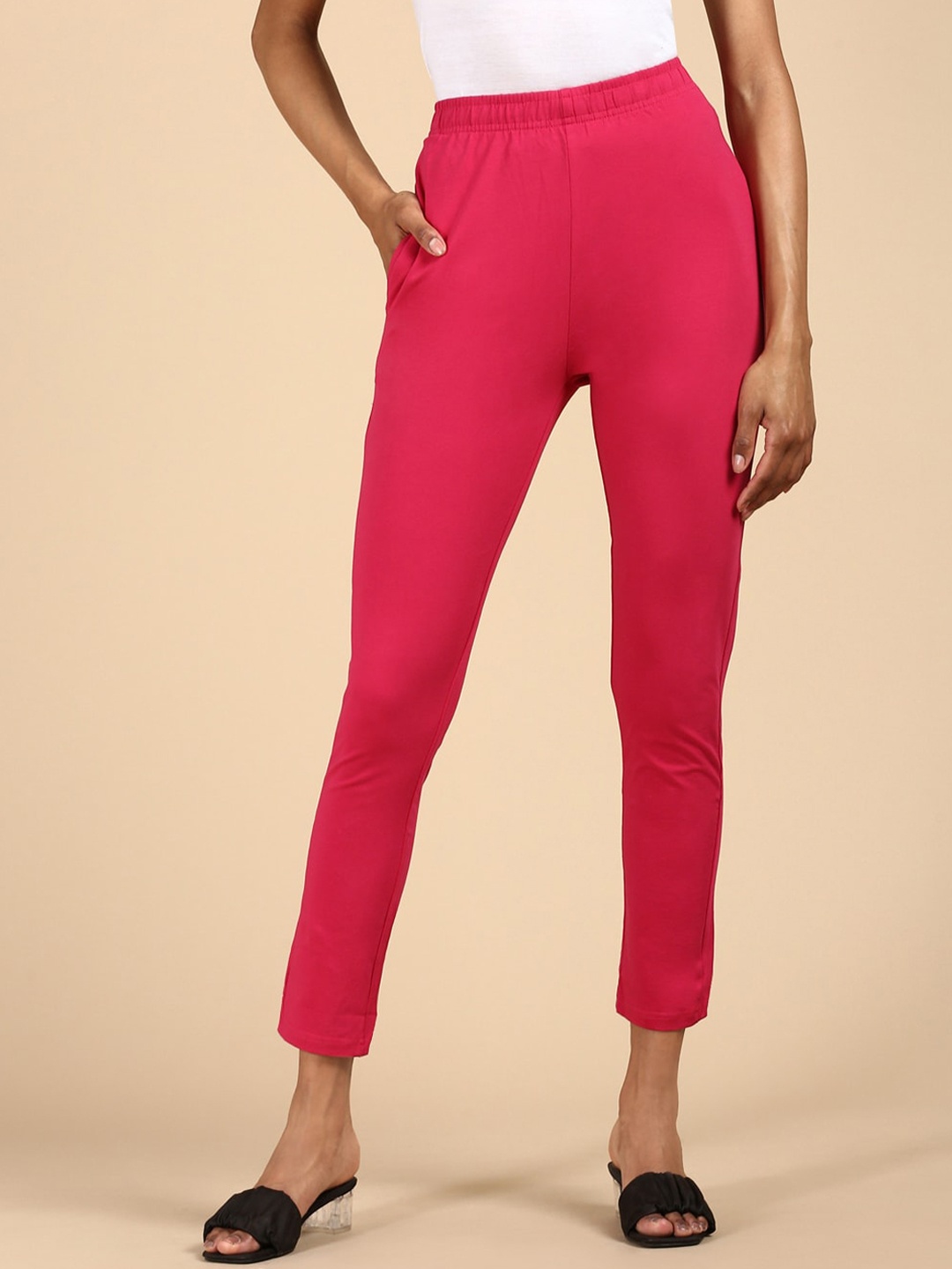 

De Moza Women Pencil Slim Fit Cotton Casual Trousers, Fuchsia