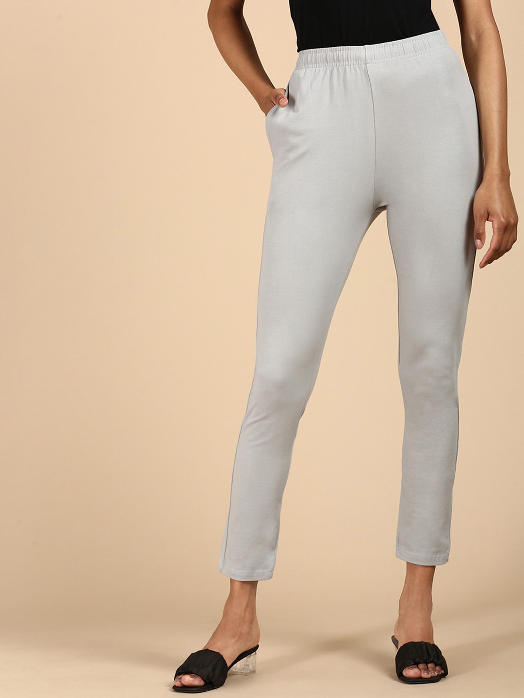 

De Moza Women Pencil Slim Fit Cotton Trousers, Grey