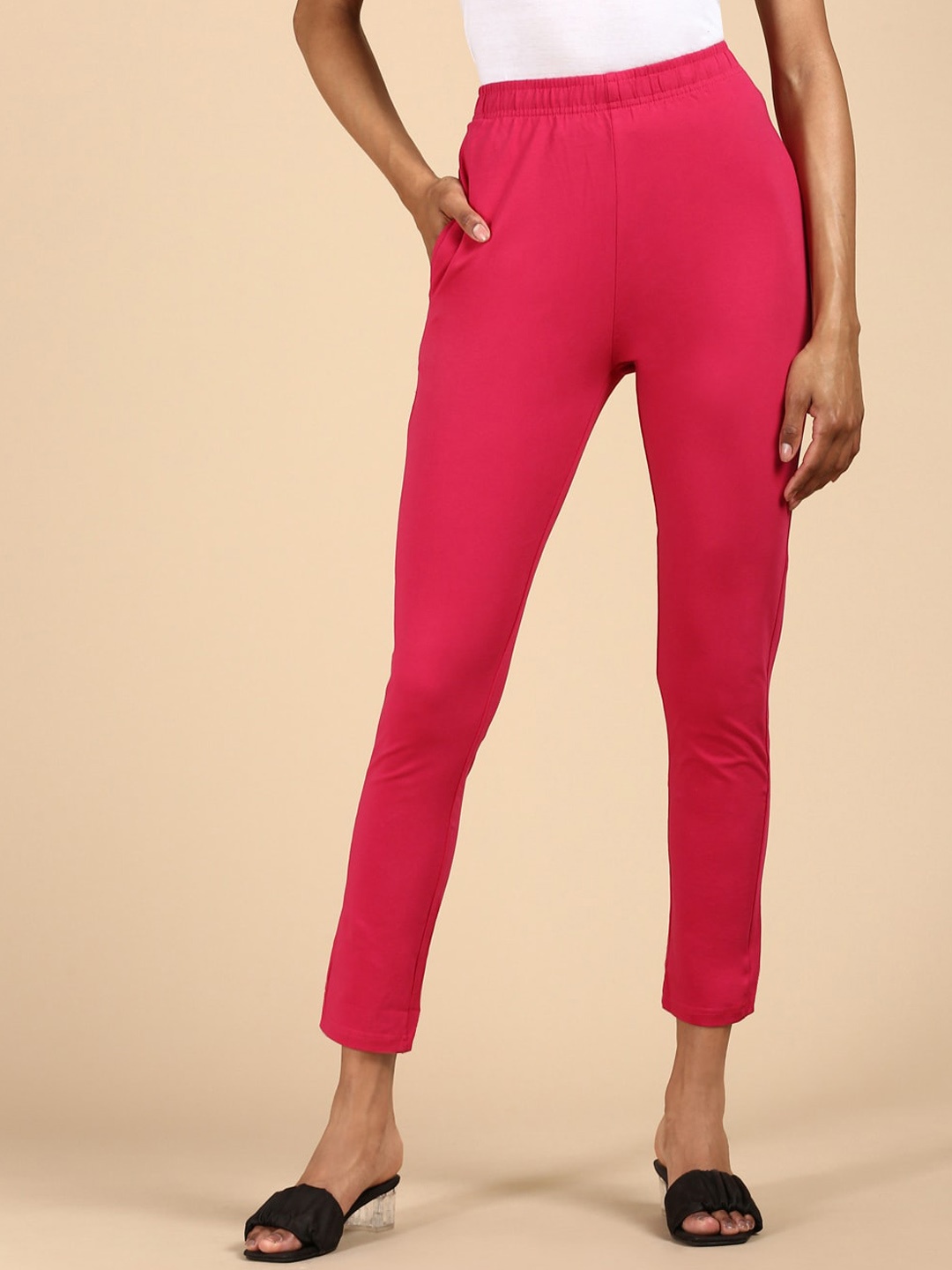 

De Moza Women Pencil Slim Fit Cotton Casual Trousers, Fuchsia