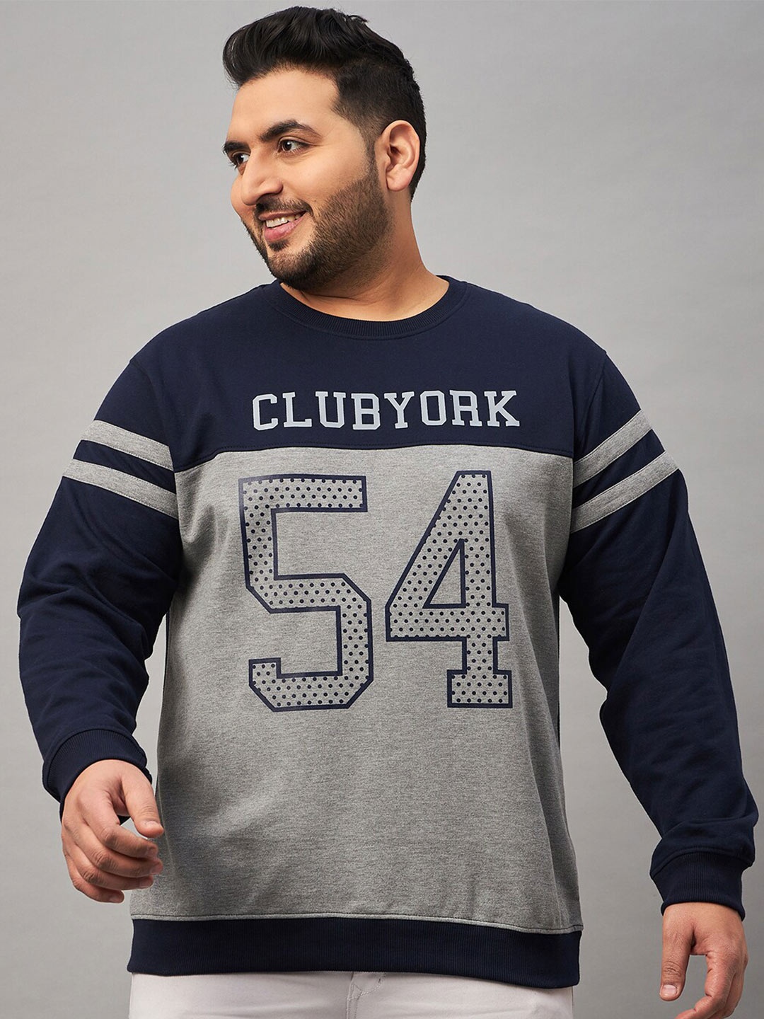 

Club York Plus Size Typography Printed Round Neck Cotton Pullover, Navy blue