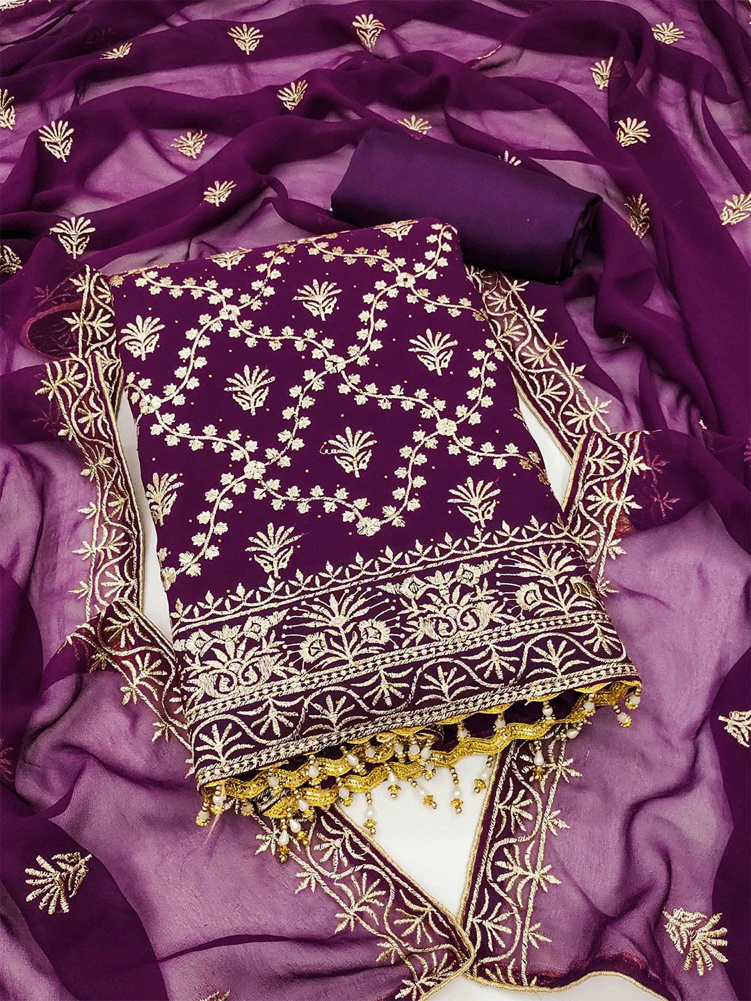 

KALINI Ethnic Motifs Embroidered Unstitched Dress Material, Purple