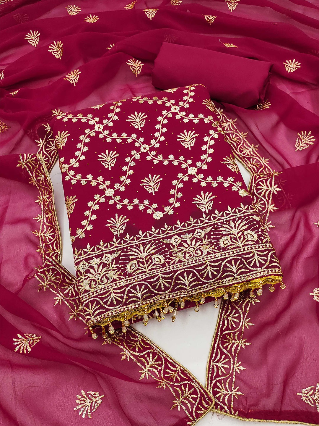

KALINI Floral Embroidered Beads and Stones Unstitched Dress Material, Pink