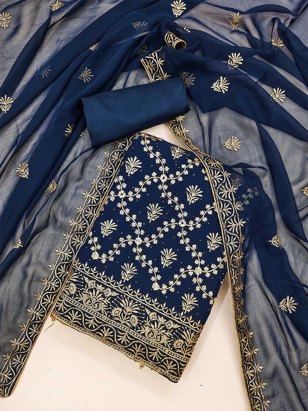 KALINI Floral Embroidered Beads and Stones Unstitched Dress Material, Blue