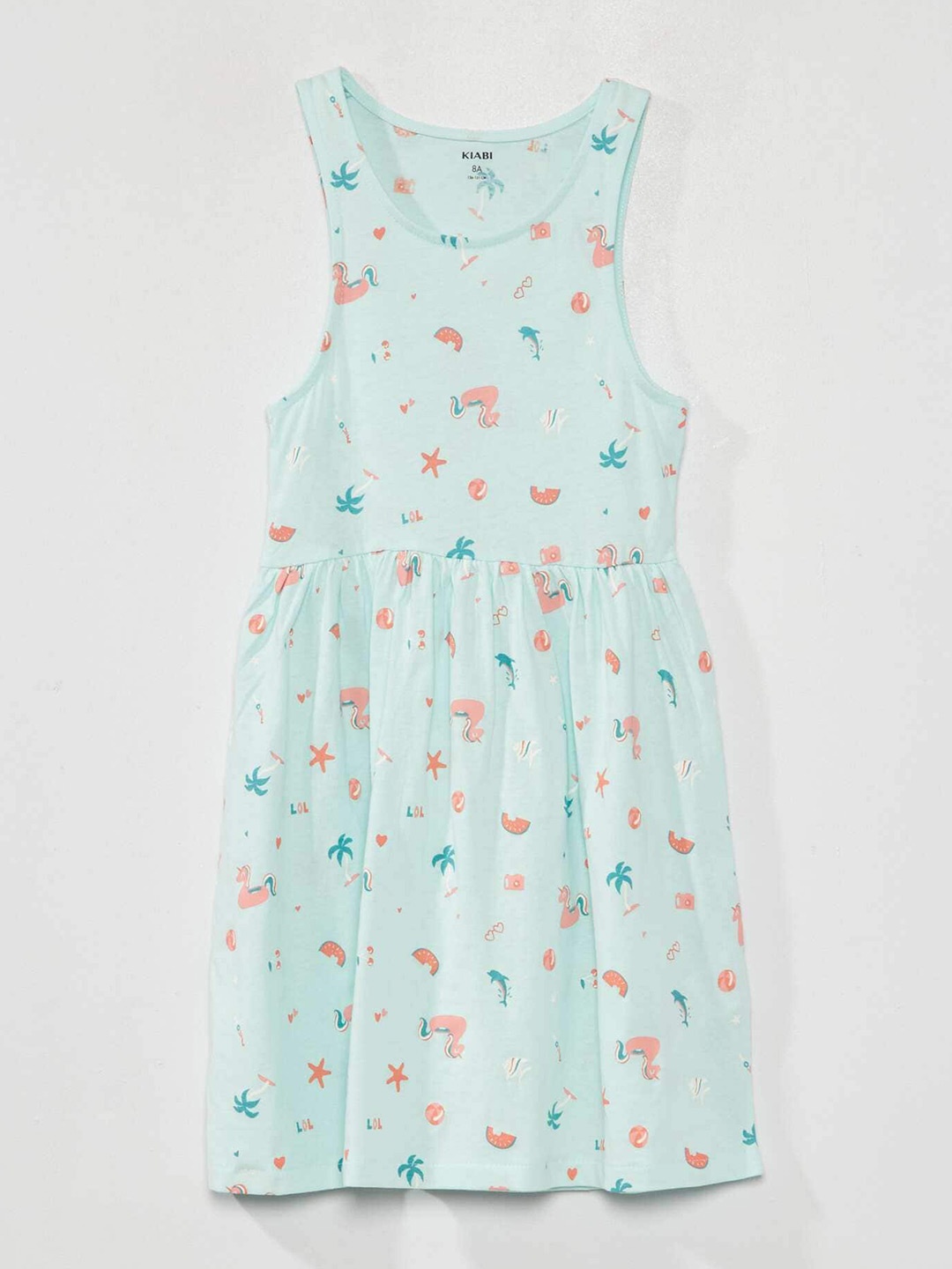 

KIABI Kids-Girls Conversational Print Cotton Round Neck Fit & Flare Dress, Blue