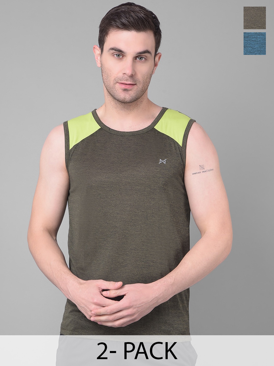 

Force NXT Men Pack of 2 Anti Viral Anti Odour Cool Sports Muscle Gym Vests, Olive