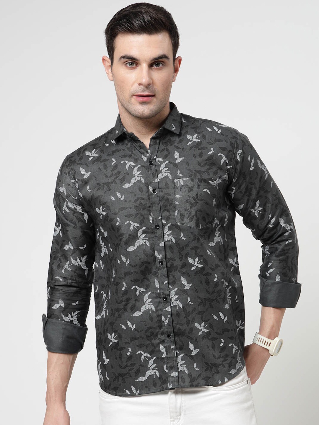 

ADWYN PETER Floral Printed Opaque Cotton Casual Shirt, Grey