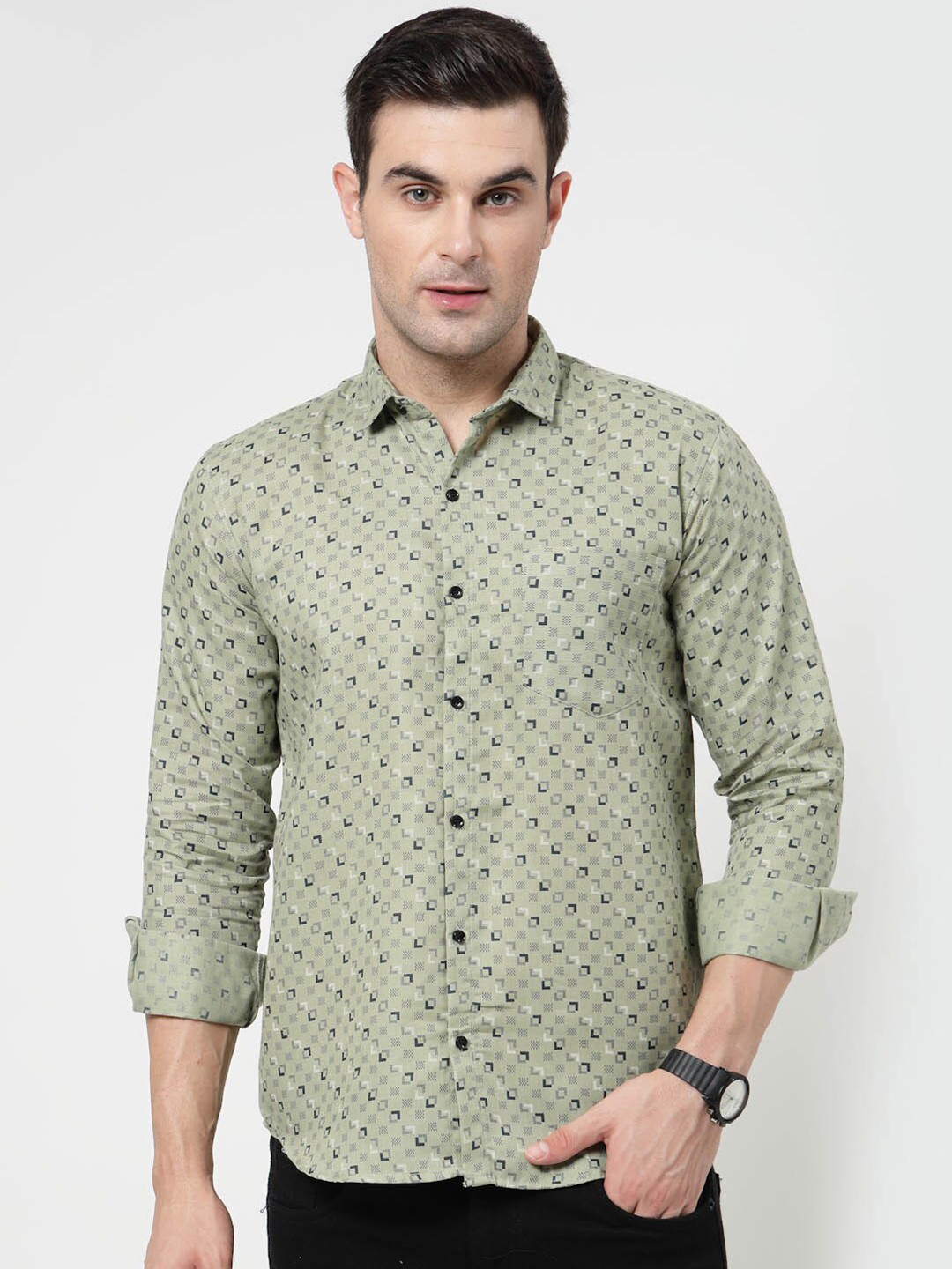 

ADWYN PETER Geometric Printed Pure Cotton Casual Shirt, Green