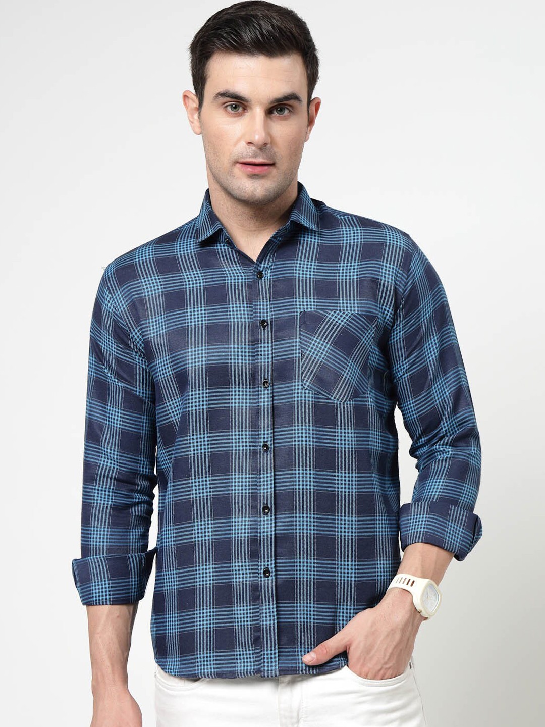 

ADWYN PETER Tartan Checked Opaque Pure Cotton Casual Shirt, Navy blue