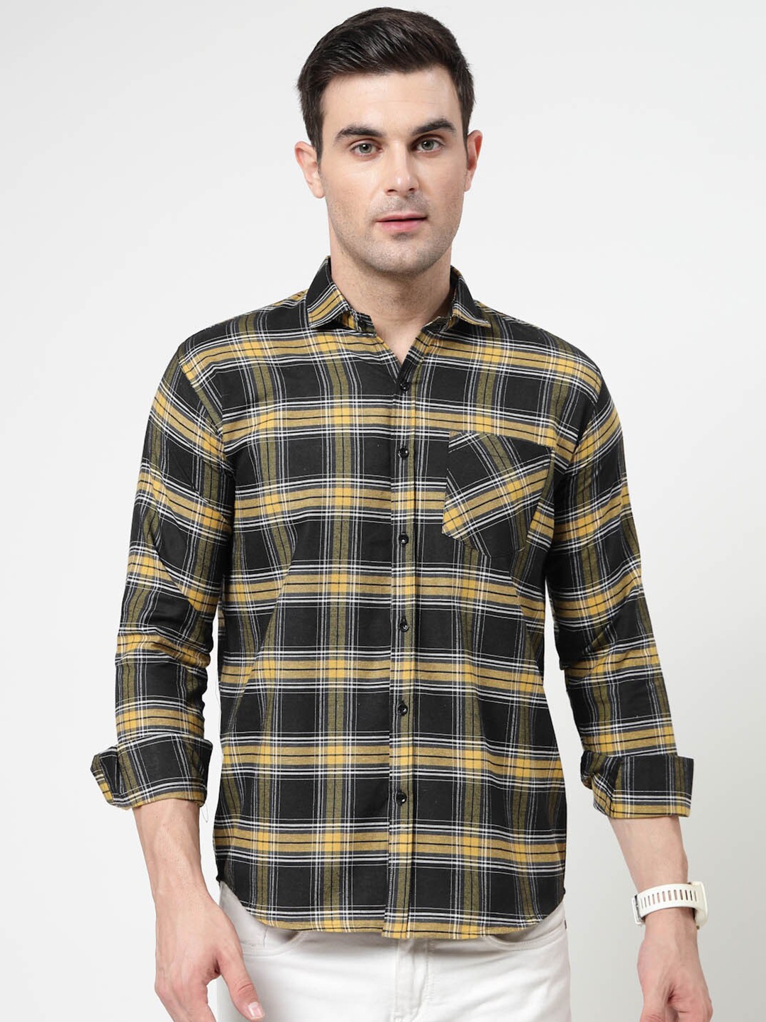 

ADWYN PETER Tartan Checked Button-Down Collar Long Sleeves Casual Shirt, Black