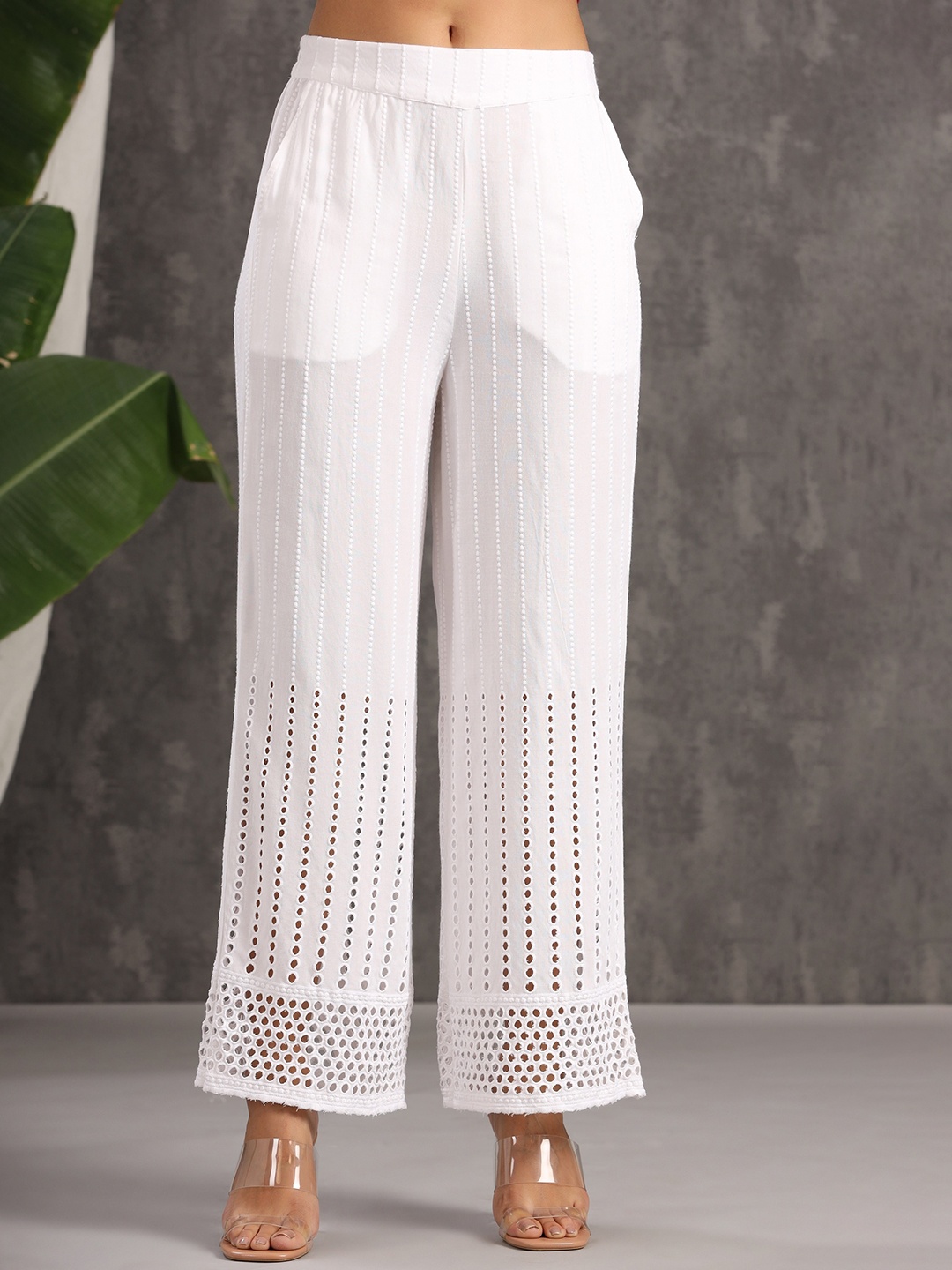 

Juniper Hem Design Laced Wide Leg Palazzos, White