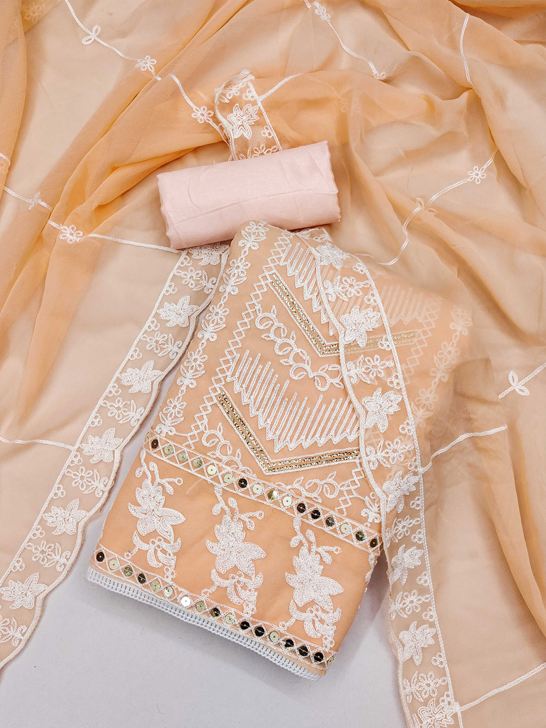 

KALINI Floral Embroidered Sequinned Unstitched Dress Material, Peach