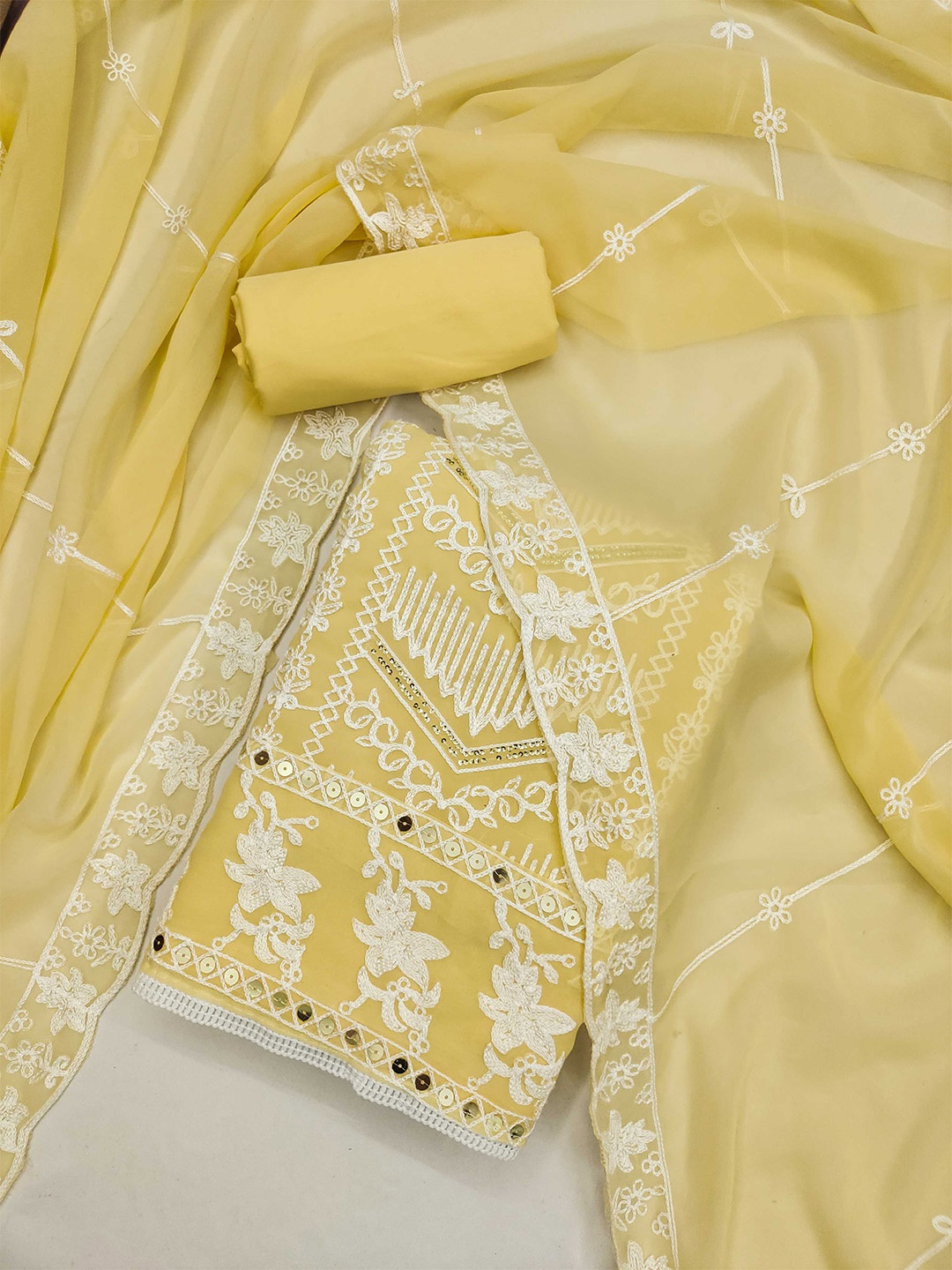 

KALINI Floral Embroidered Unstitched Dress Material, Yellow