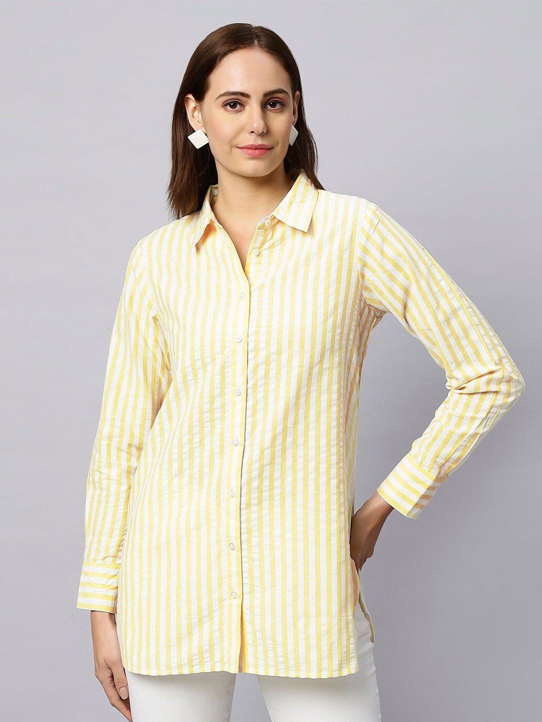 

DressBerry Spread Collar Long Sleeves Regular Original Opaque Striped Casual Shirt, Yellow