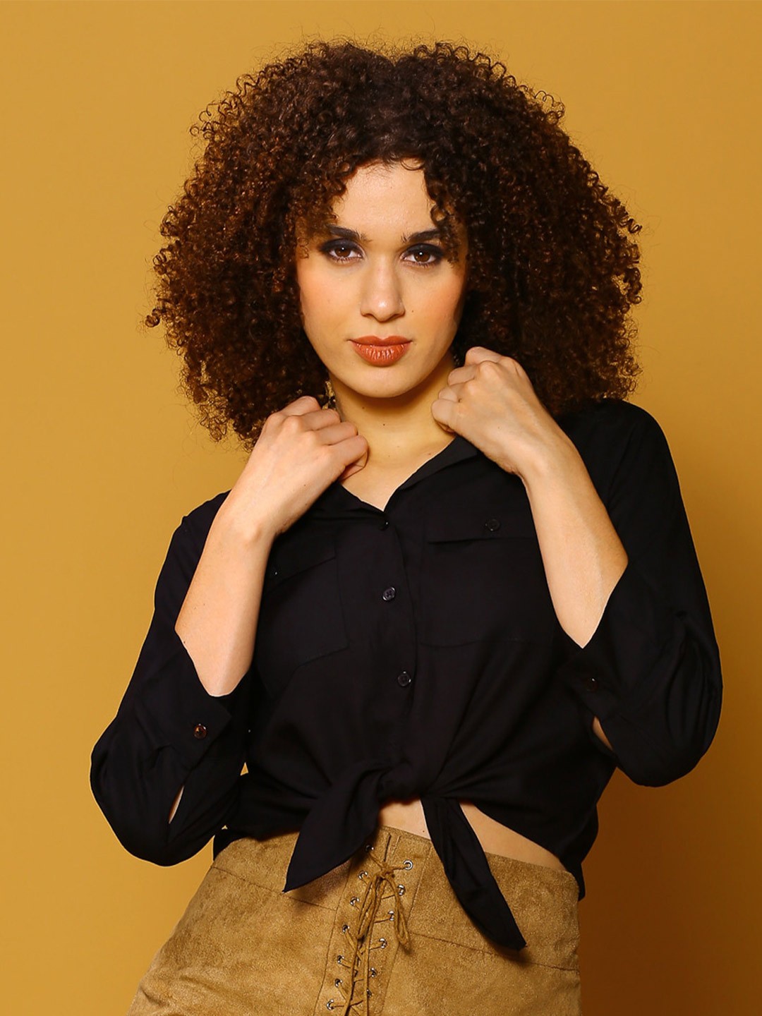 

Sera Classics Waist Tie-Ups Shirt Style Top, Black