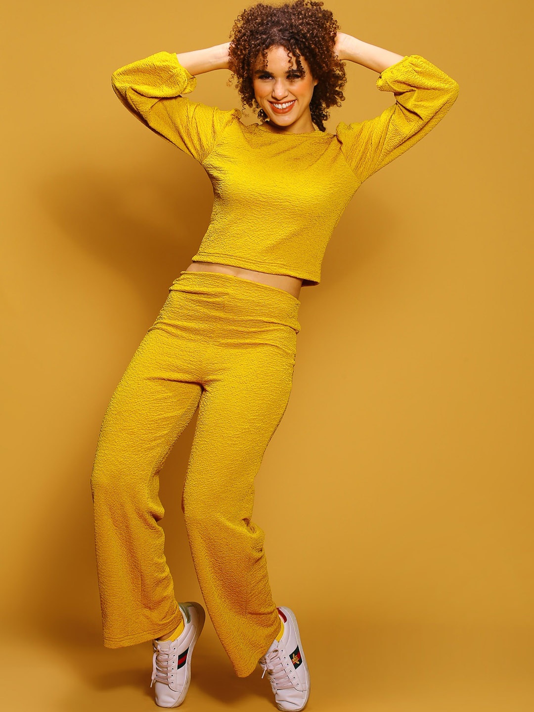 

Sera Classics Round Neck Long Sleeves Crop Top With Trousers, Yellow