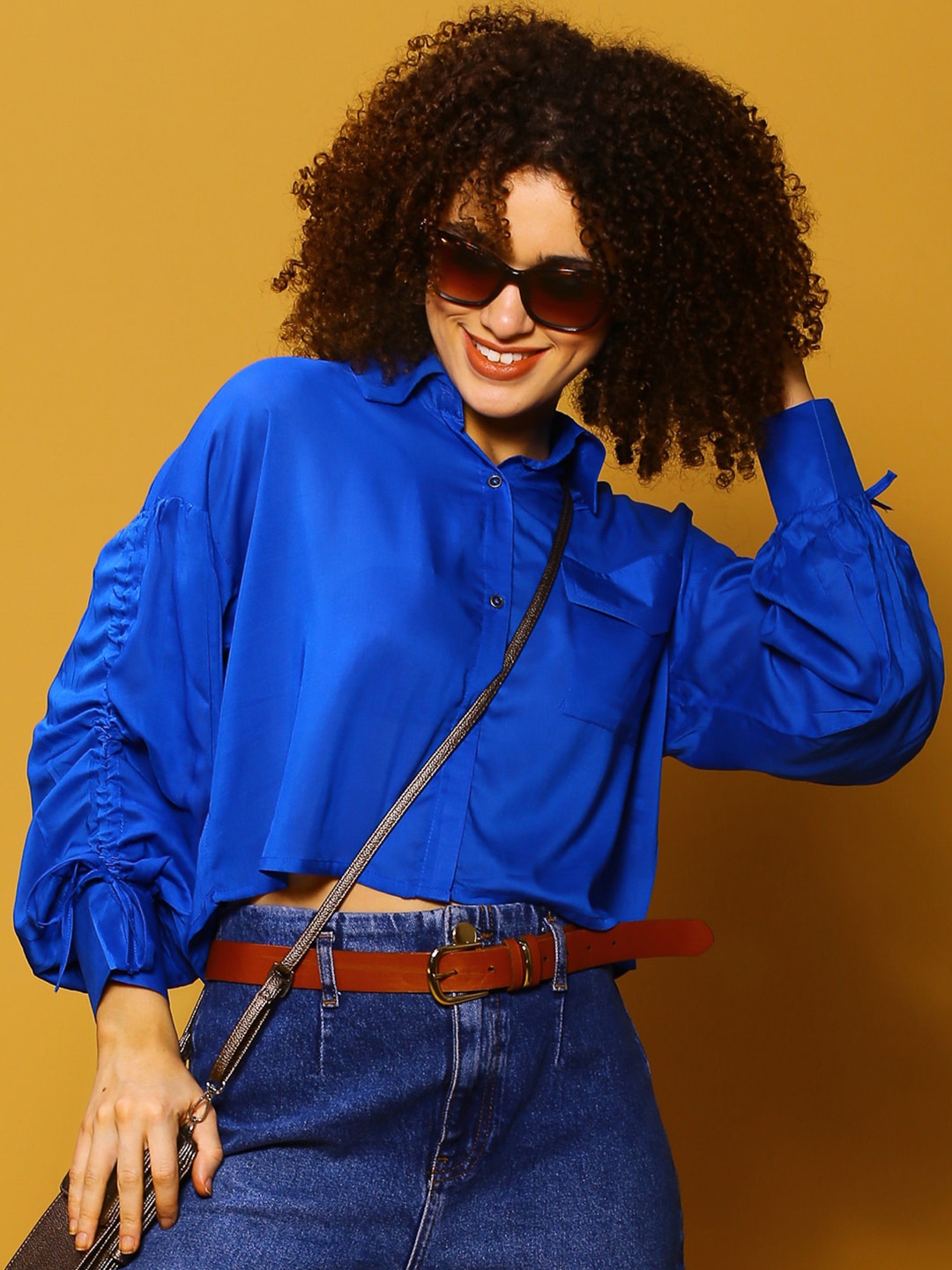 

Sera Classics Cuffed Sleeves Ruched Shirt Style Top, Blue