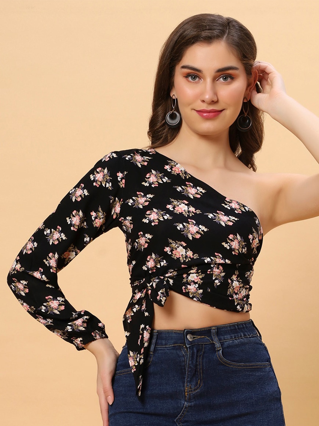 

DressBerry Floral Print One Shoulder Crop Top, Black