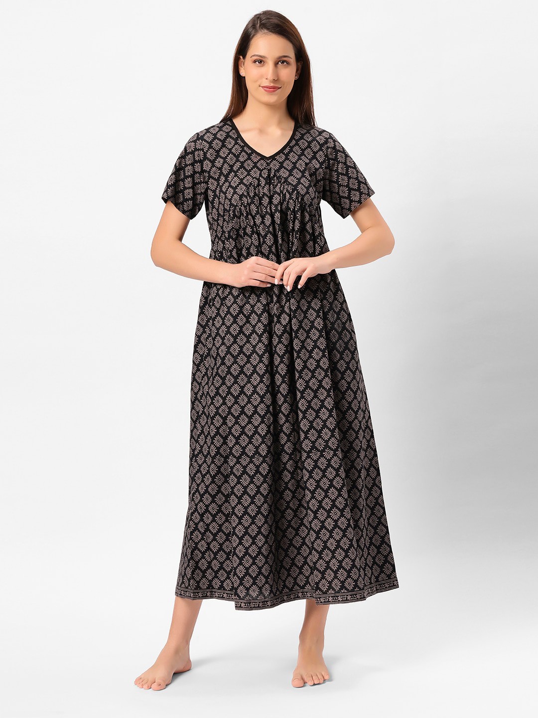 

ETC Ethnic Motifs Printed Pure Cotton Maxi Nightdress, Black