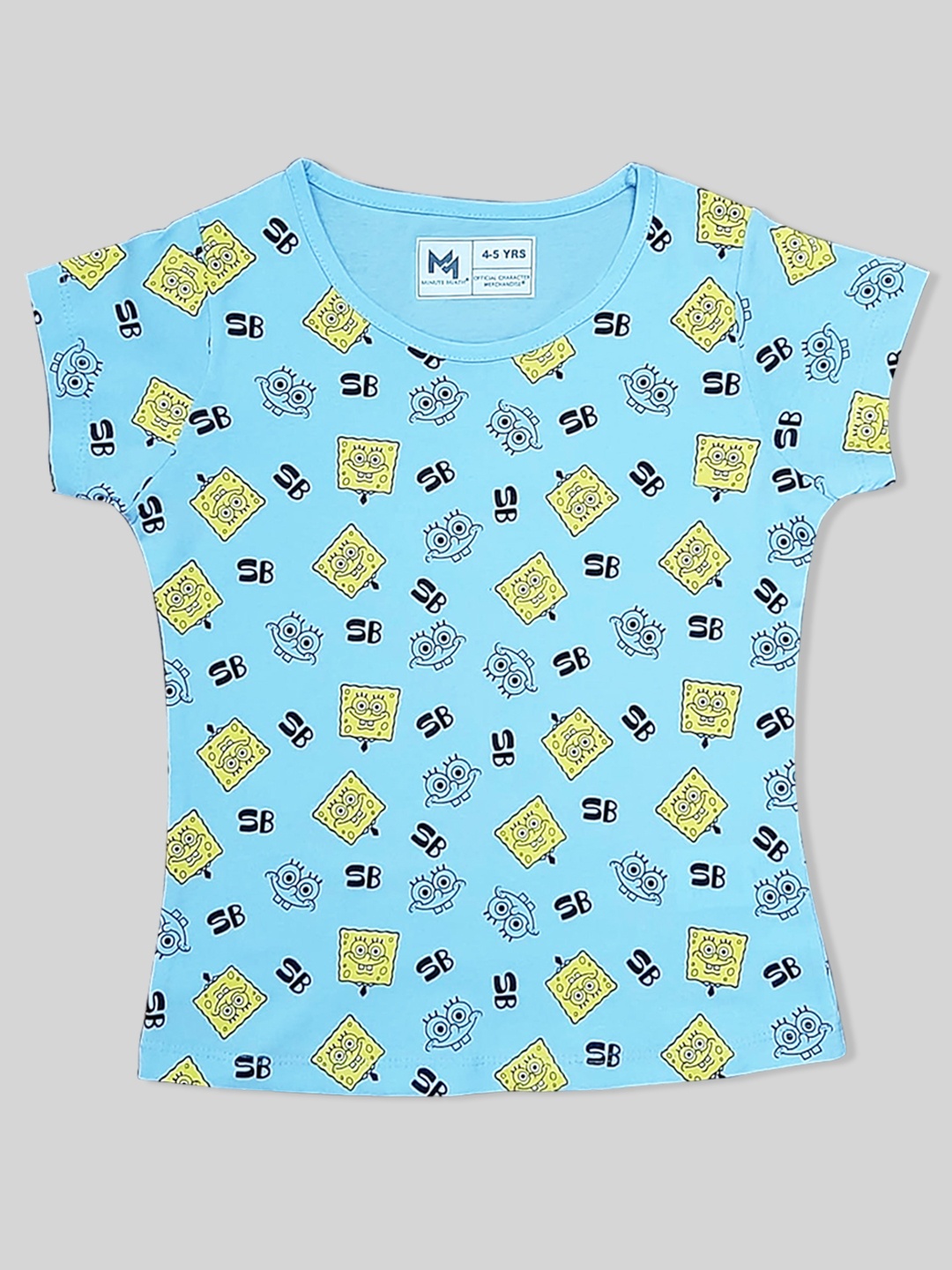 

Minute Mirth Girls Spongebob Printed Round Neck Half Sleeve Pure Cotton Top, Blue