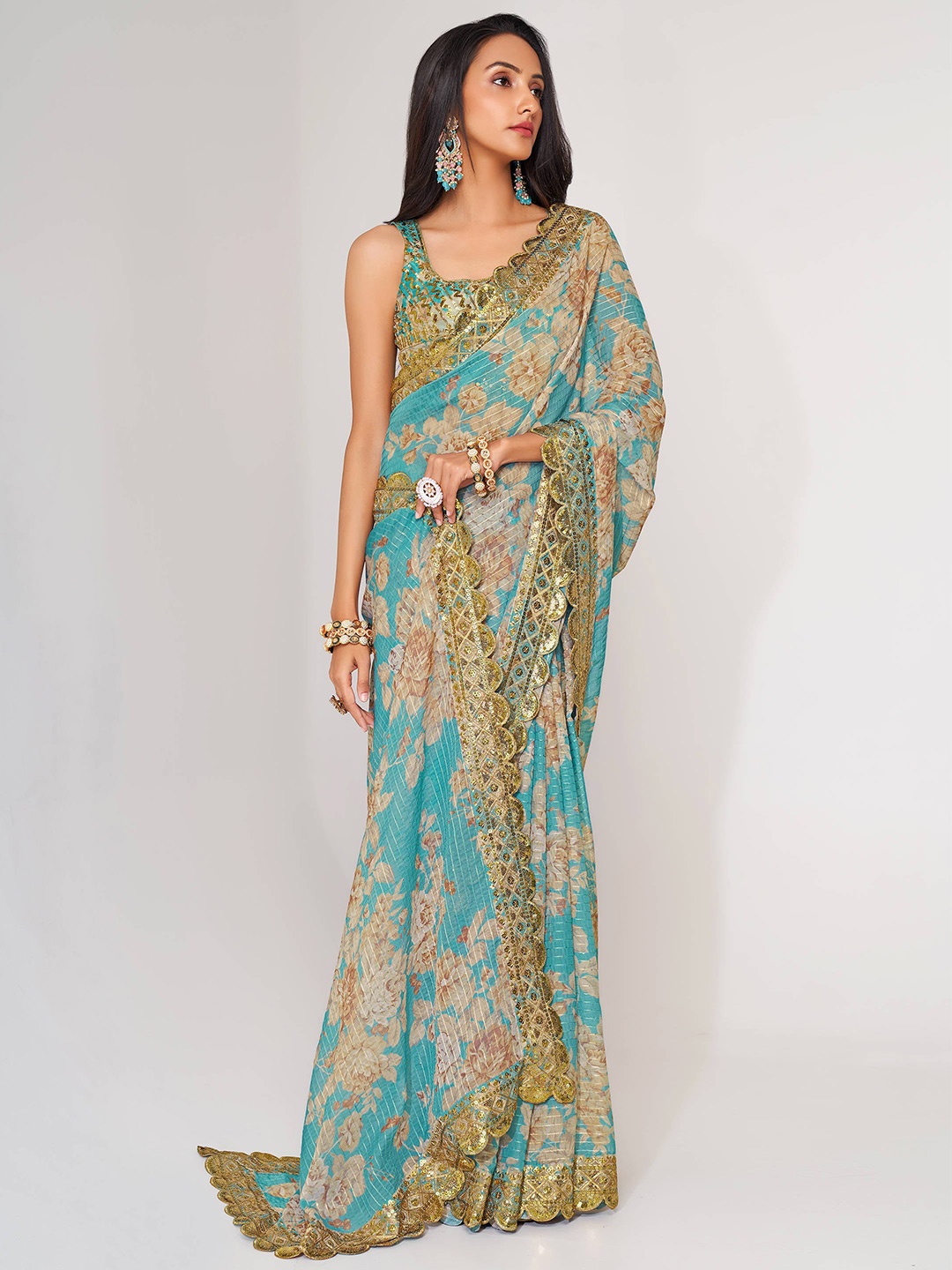 

FABPIXEL Floral Printed Gotta patti Border Organza Saree, Blue