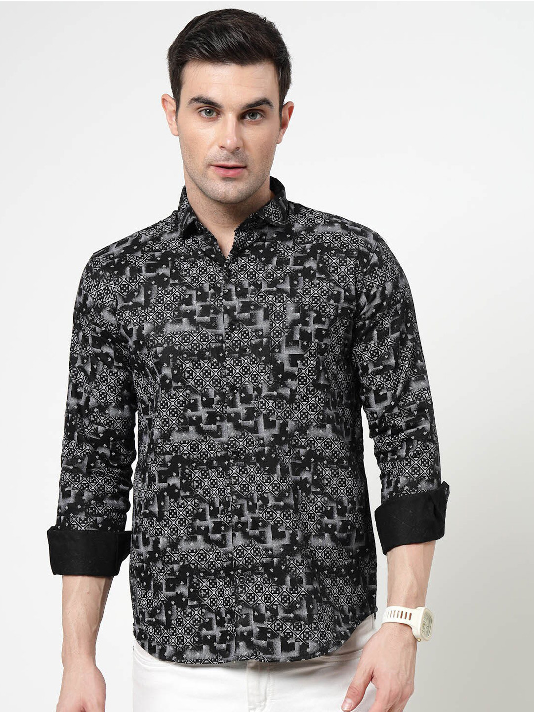 

ADWYN PETER Abstract Printed Spread Collar Long Sleeves Casual Shirt, Black