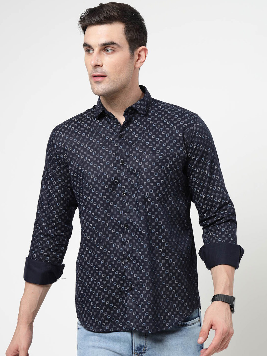 

ADWYN PETER Geometric Printed Pure Cotton Casual Shirt, Navy blue