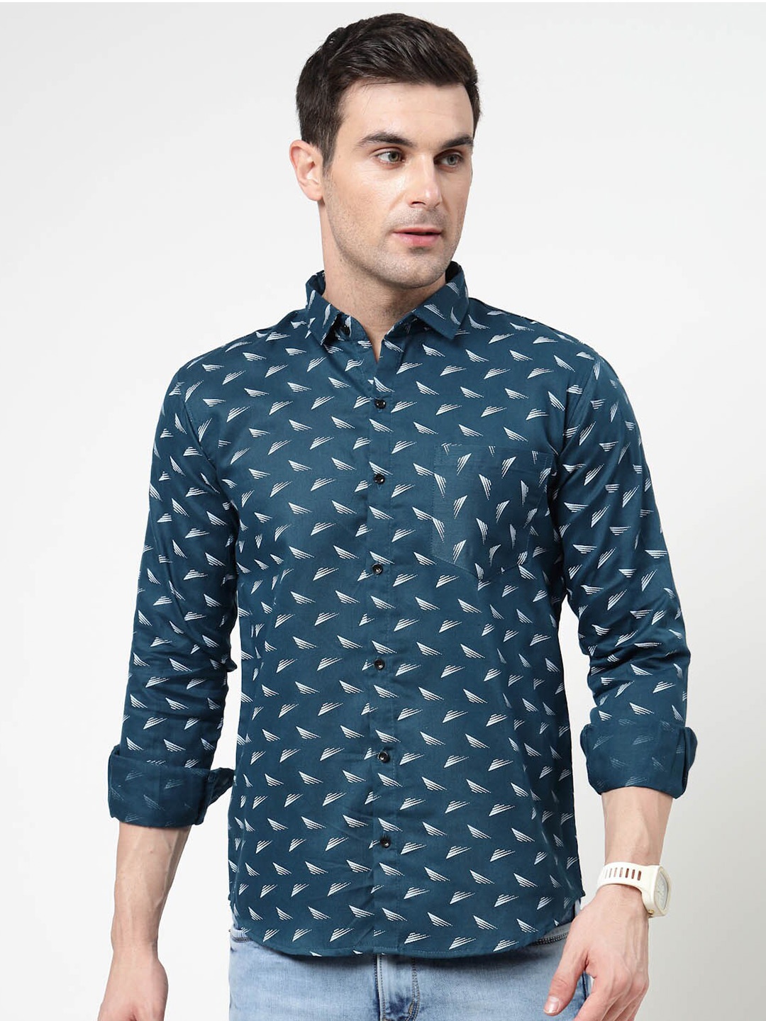 

ADWYN PETER Abstract Printed Spread Collar Long Sleeves Casual Shirt, Blue