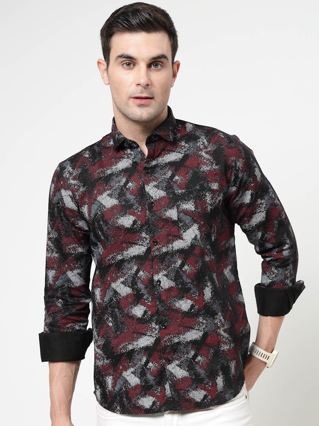 

ADWYN PETER Abstract Printed Opaque Pure Cotton Casual Shirt, Black