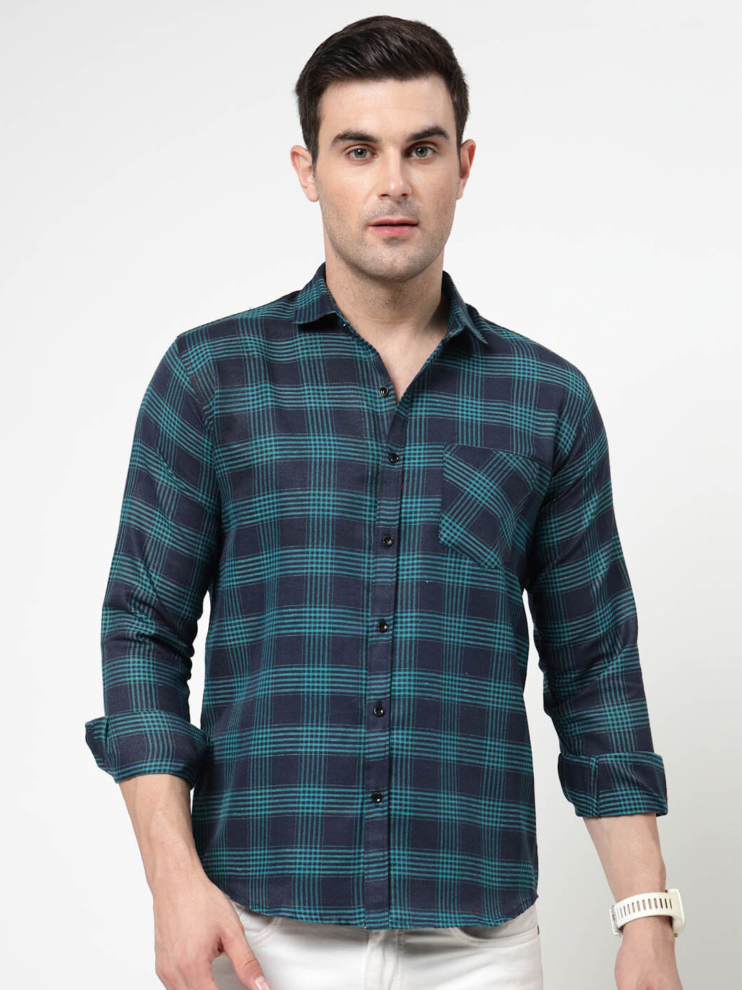 

ADWYN PETER Buffalo Checks Spread Collar Casual Shirt, Green