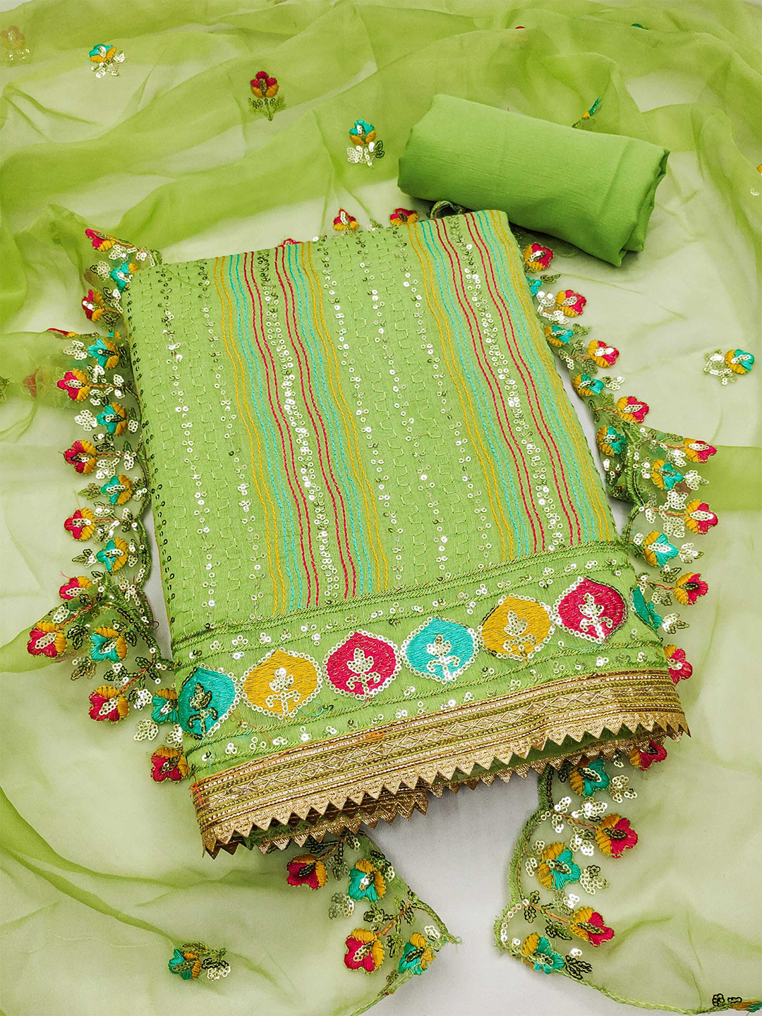 

KALINI Ethnic Motifs Embroidered Sequined Chanderi Silk Unstitched Dress Material, Green