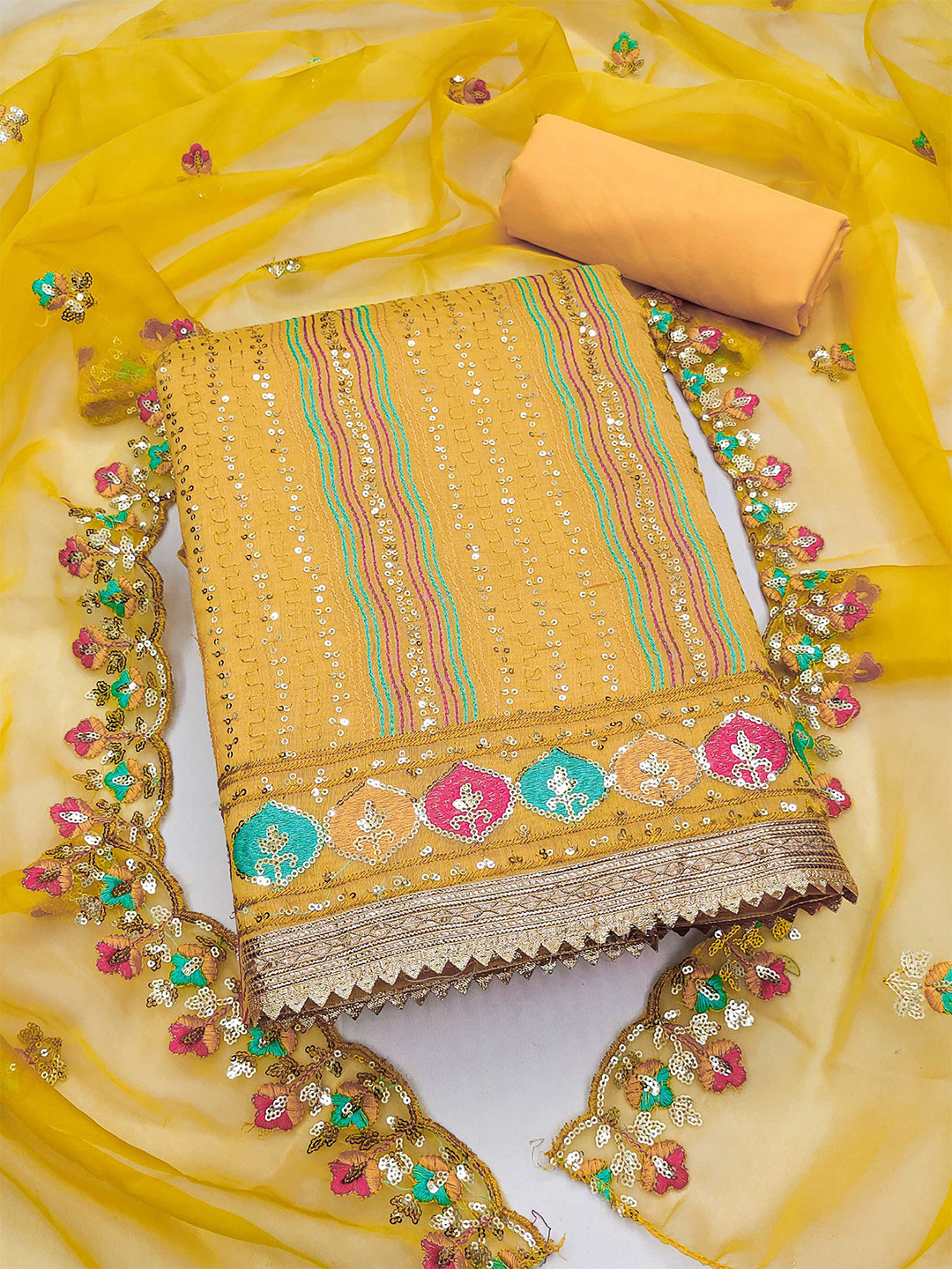 

KALINI Embroidered sequined Chanderi Silk Unstitched Dress Material, Yellow