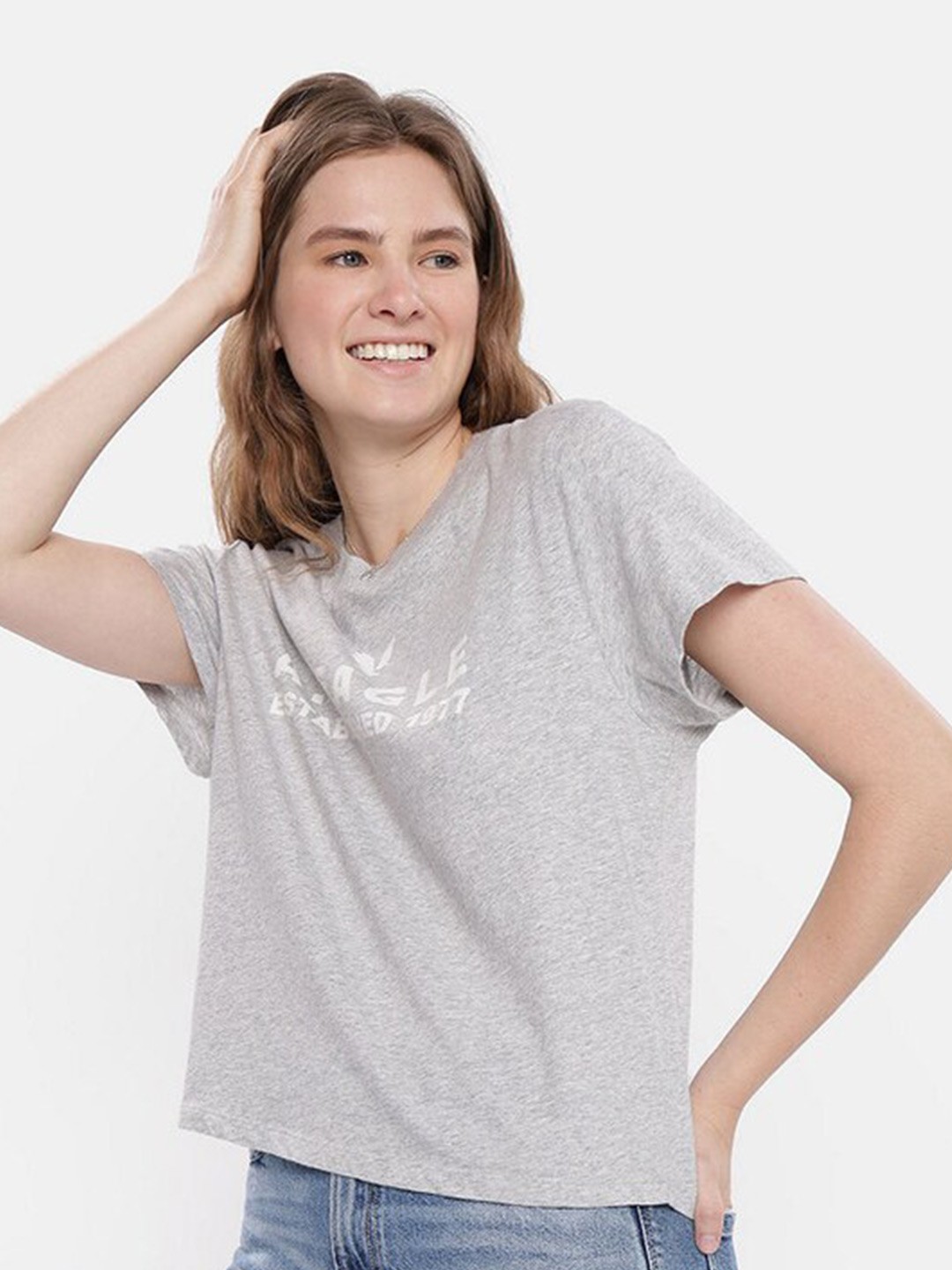 

AMERICAN EAGLE OUTFITTERS Printed Round neck Short Sleeves Cotton T-shirt, Grey