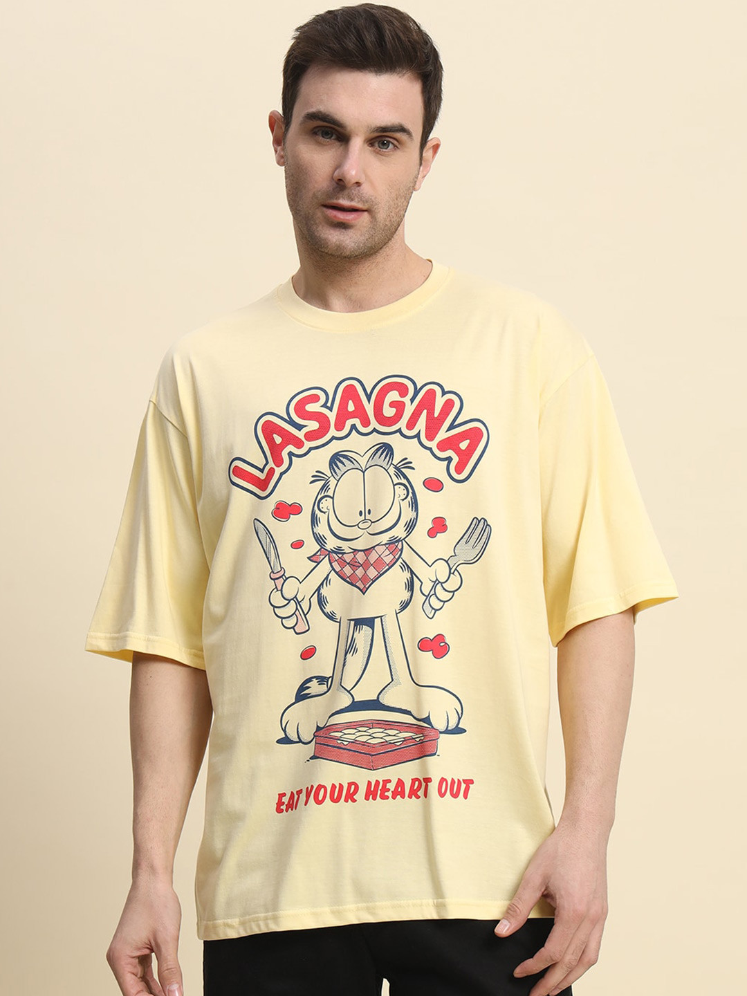 

COLOR CAPITAL Graphic Printed Raw Edge Drop-Shoulder Sleeves Cotton Oversized T-shirt, Cream