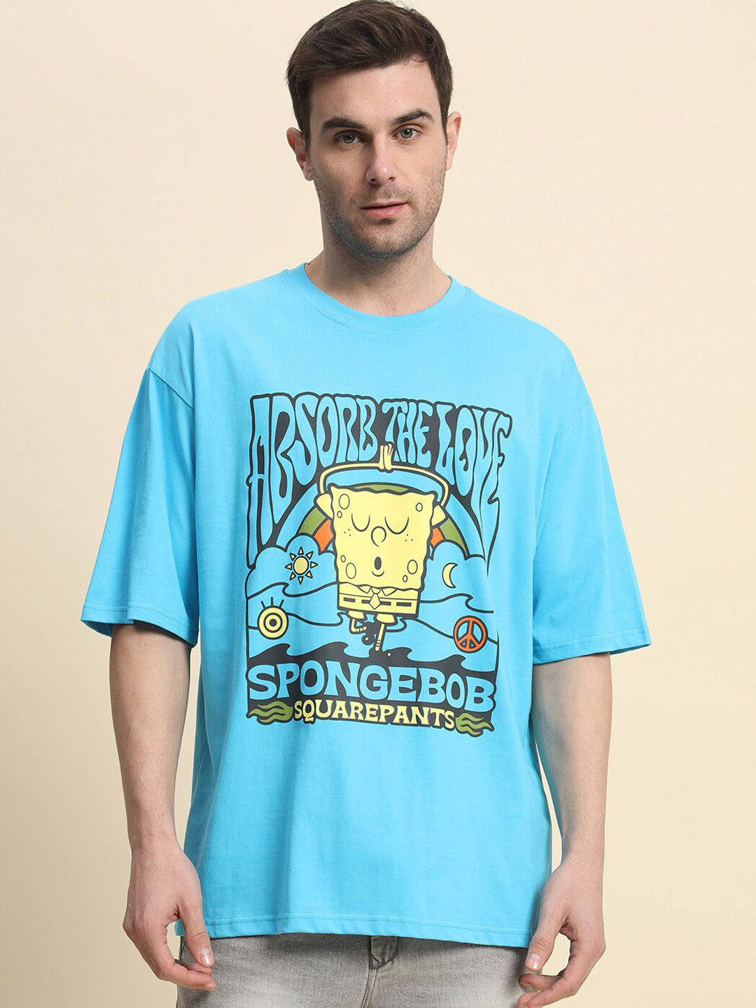 

COLOR CAPITAL Sponge Bob Printed Drop-Shoulder Sleeves Cotton Oversized T-shirt, Teal